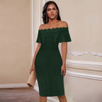 Green Ladies Bandage Dress Ruffles Slash Neck Bodycon Knee-Length Party Dress