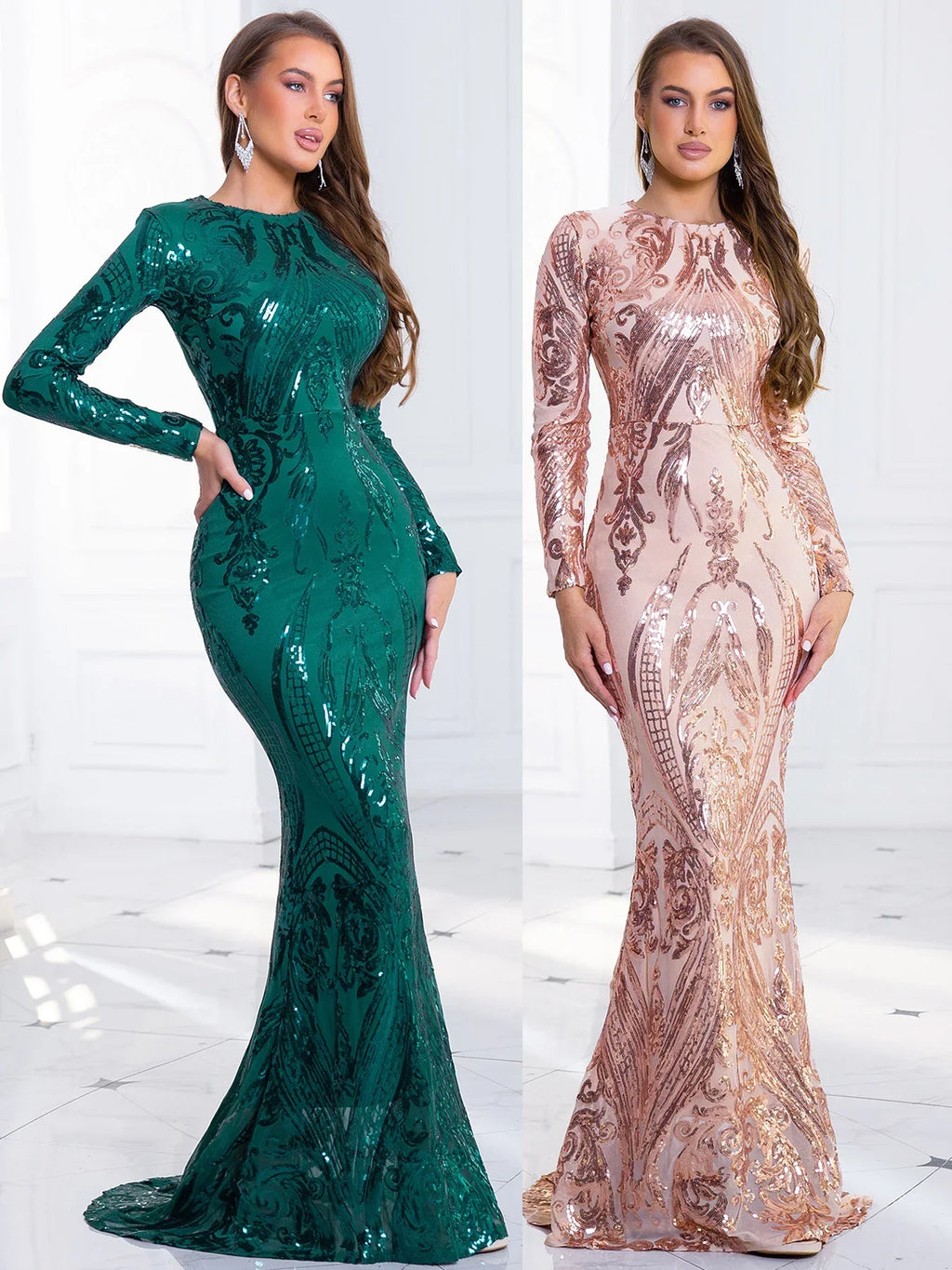 Green Stretch Sequin Long Sleeve Evening Night Prom Dress Bodycon Party Dress