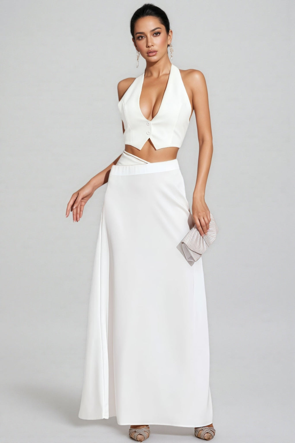 Aevorix White Halter Blazer Maxi Dress Set