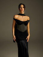 Halterneck Ruched Maxi Dress In Black