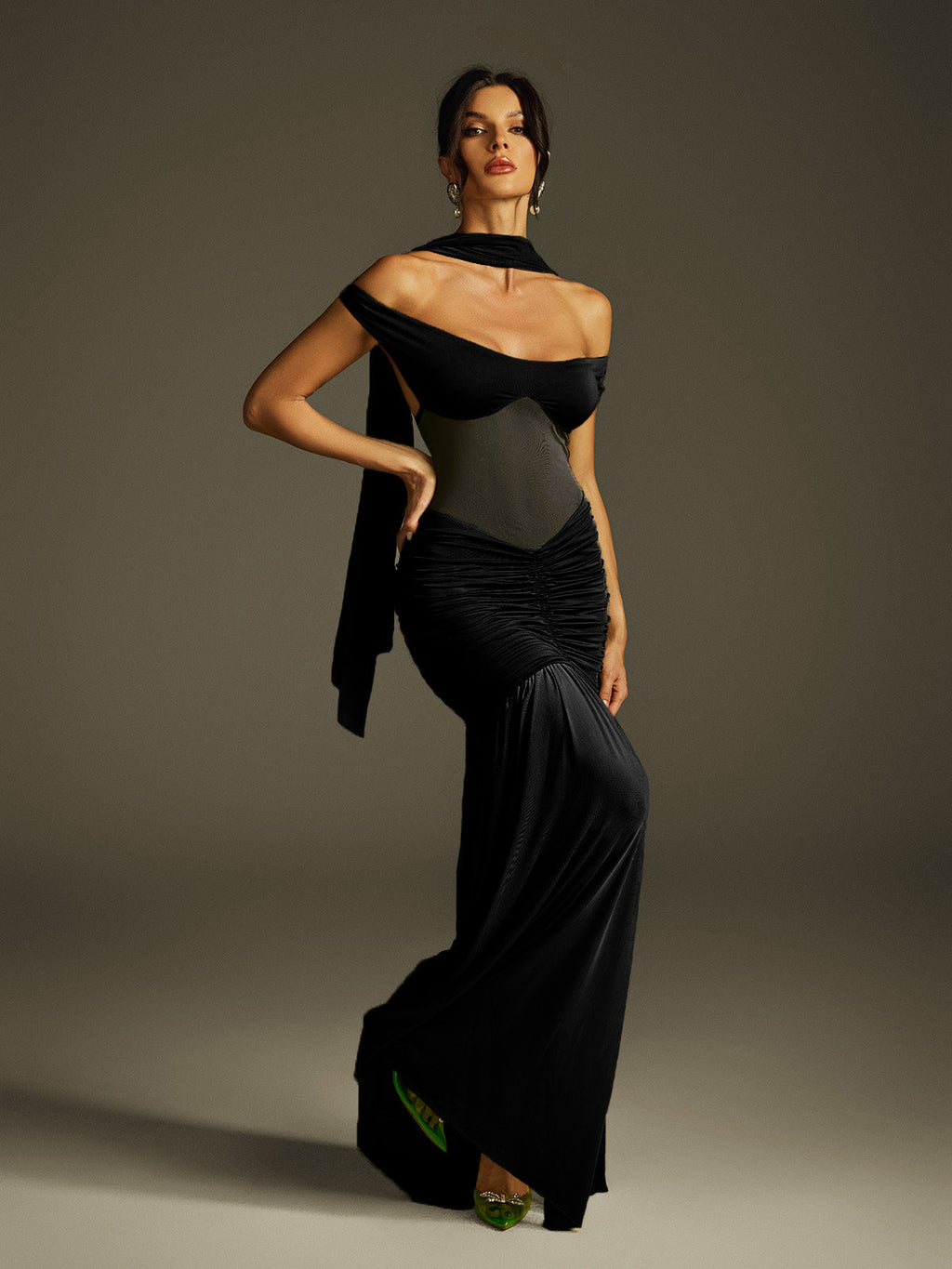 Halterneck Ruched Maxi Dress In Black