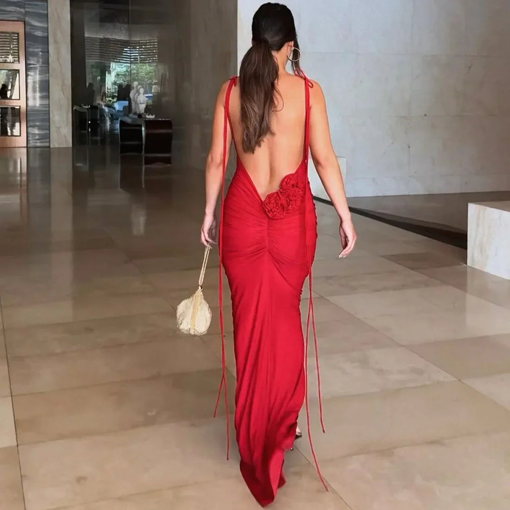 Sexy Floral-applique Backless Elegant Maxi Party Dress