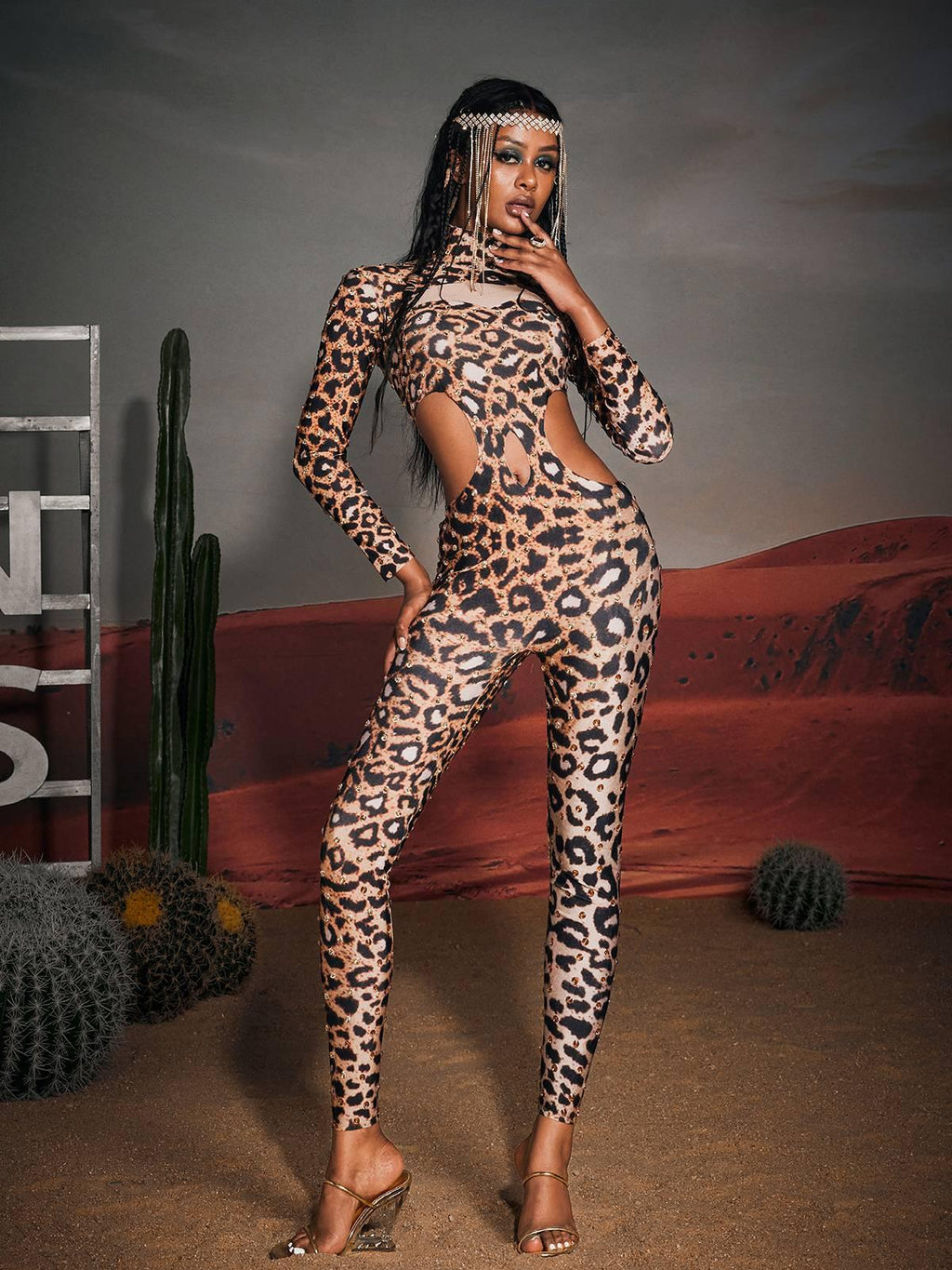 Cutout Leopard Rhinestone Jumpsuit