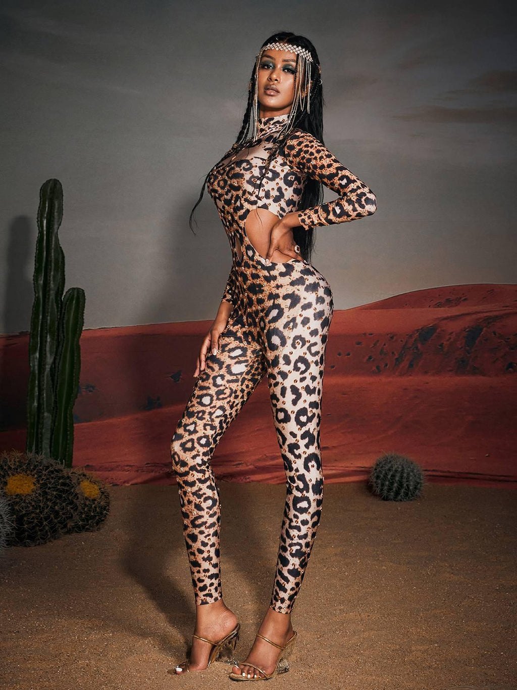 Cutout Leopard Rhinestone Jumpsuit