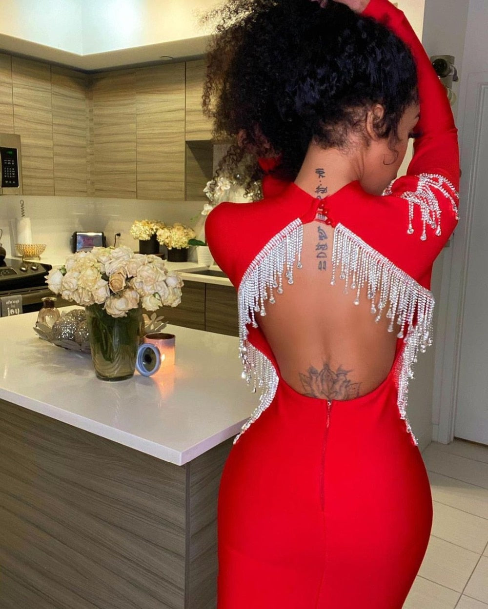 HighQuality Red Black Sexy Sparkly Backless Diamonds Tassel Rayon Bandage Dress