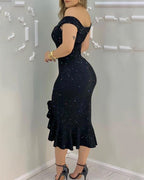 Elegant Glitter OffShoulder Ruffles Slit Midi Dress Party Solid Dress