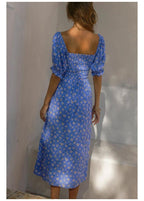 DressBetty - Midi Dress Vintage Floral Print Split Blue Sundress Elegant Party Beach Dress