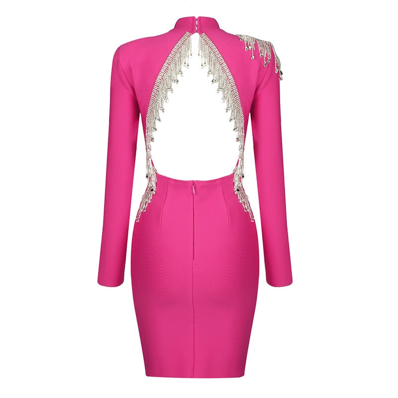 HighQuality Red Black Sexy Sparkly Backless Diamonds Tassel Rayon Bandage Dress