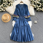 Quality Embroidered Denim Dress 2024 Summer Autumn National Korean Pleated A Line Long Sleeve Cowboy Dress Women Jeans Dress