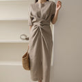 María Minimalist José Fashionable Linen Dress in Khaki Premium Wardrobe Essential