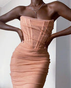Irene Elevated Figure Hugging Evening Dress with Corset Detail and Strapless Design Wear Edit