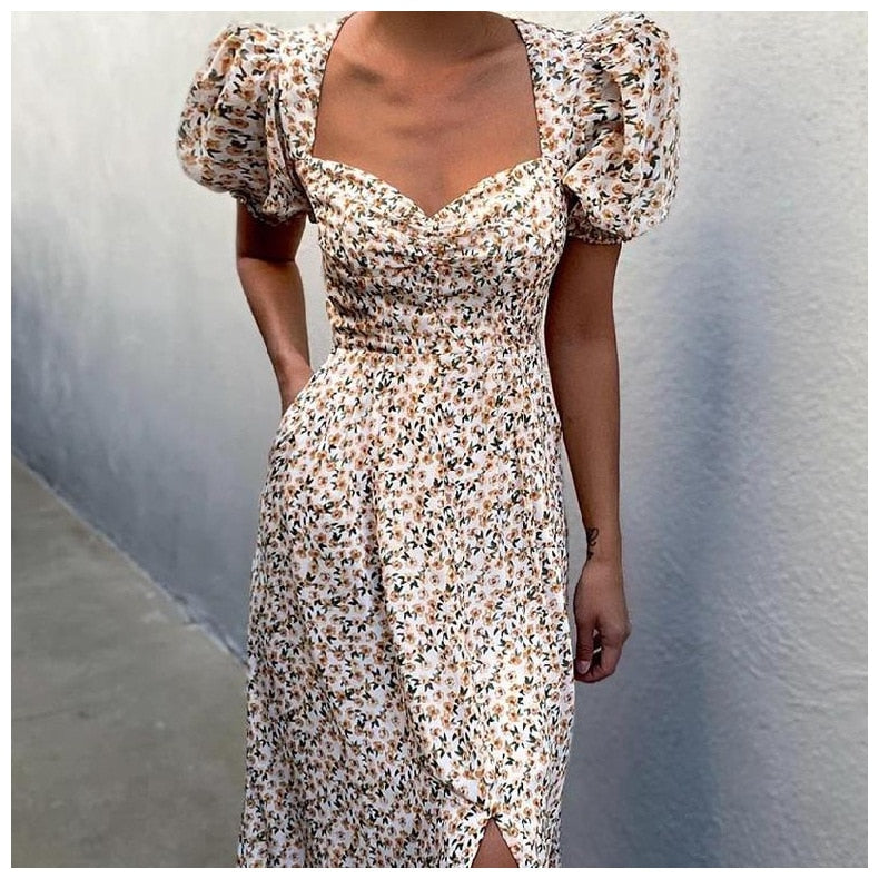 DressBetty - Midi Dress Vintage Floral Print Split Blue Sundress Elegant Party Beach Dress