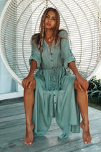 Button Pockets Front Open Self Belted High Waist Summer Dress