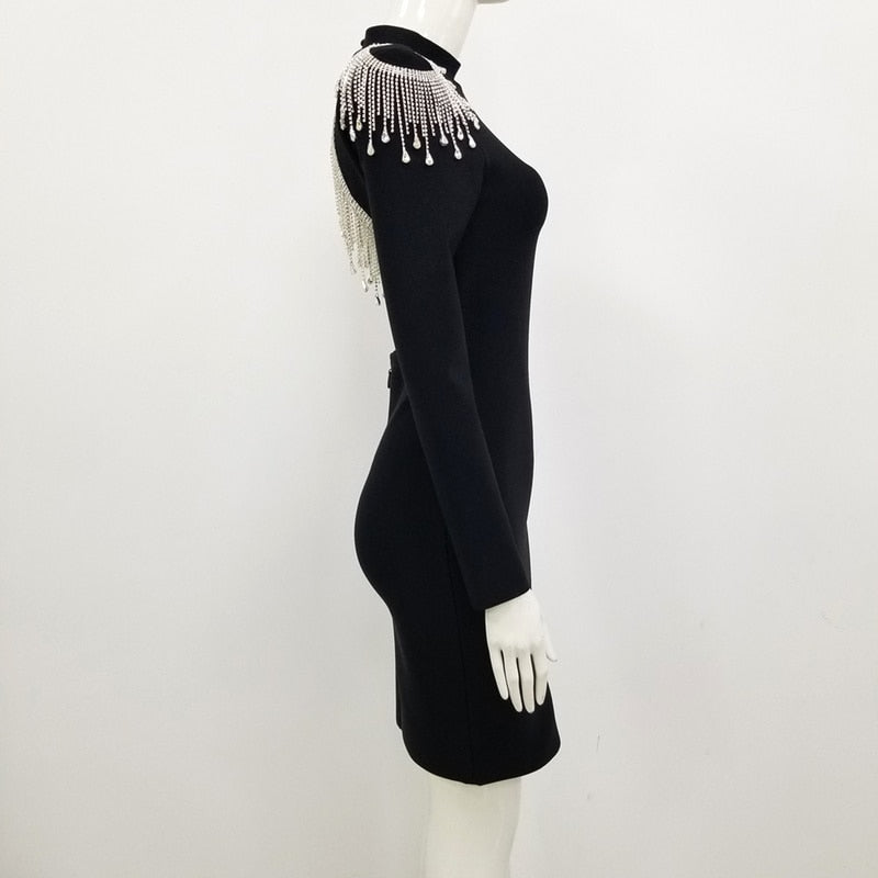 HighQuality Red Black Sexy Sparkly Backless Diamonds Tassel Rayon Bandage Dress