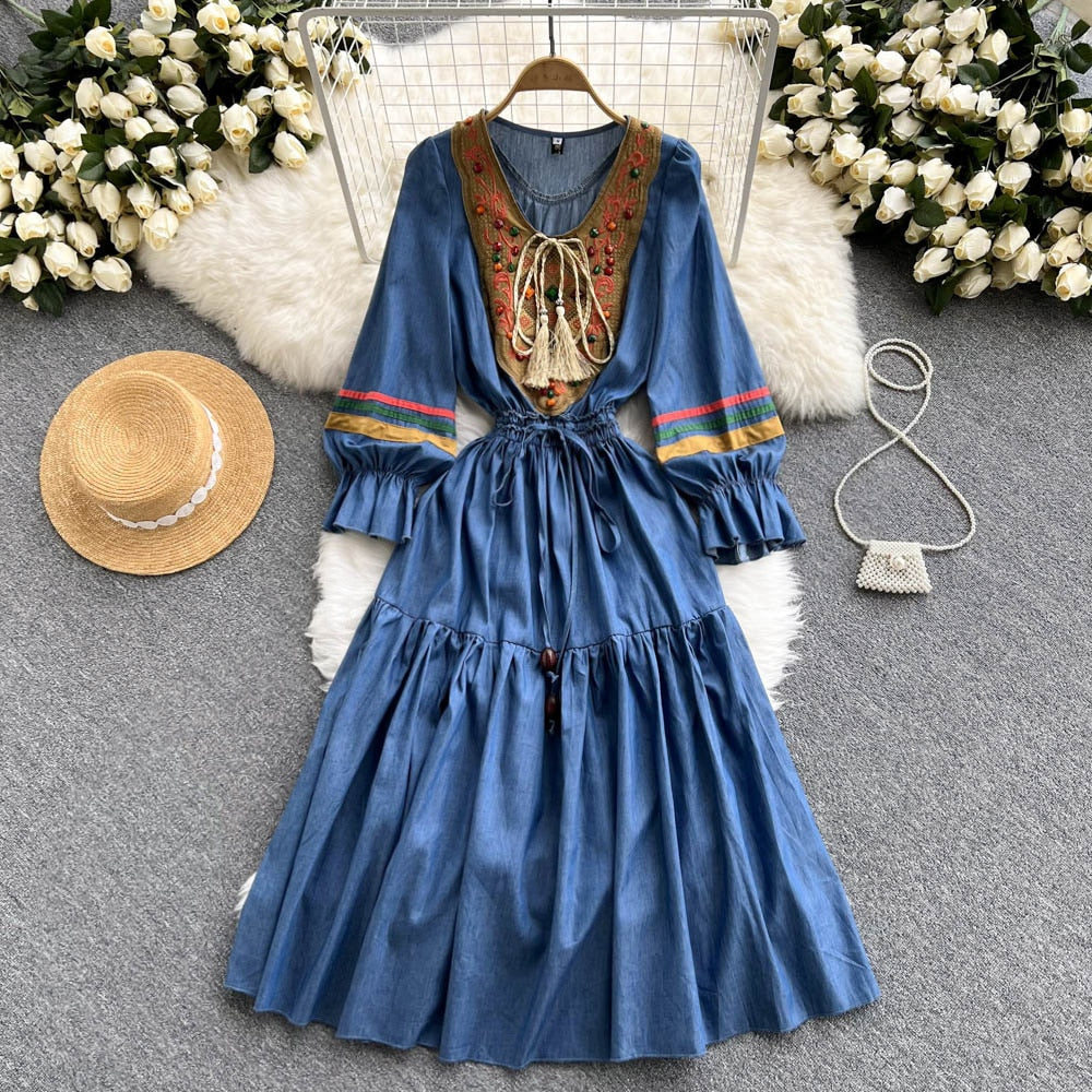Quality Embroidered Denim Dress 2024 Summer Autumn National Korean Pleated A Line Long Sleeve Cowboy Dress Women Jeans Dress