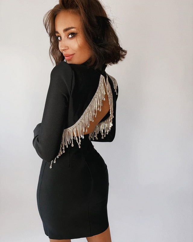 HighQuality Red Black Sexy Sparkly Backless Diamonds Tassel Rayon Bandage Dress