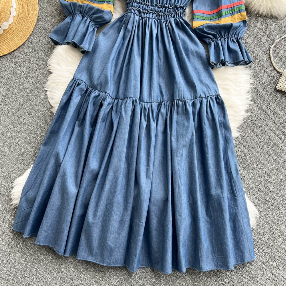 Quality Embroidered Denim Dress 2024 Summer Autumn National Korean Pleated A Line Long Sleeve Cowboy Dress Women Jeans Dress