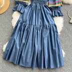 Quality Embroidered Denim Dress 2024 Summer Autumn National Korean Pleated A Line Long Sleeve Cowboy Dress Women Jeans Dress