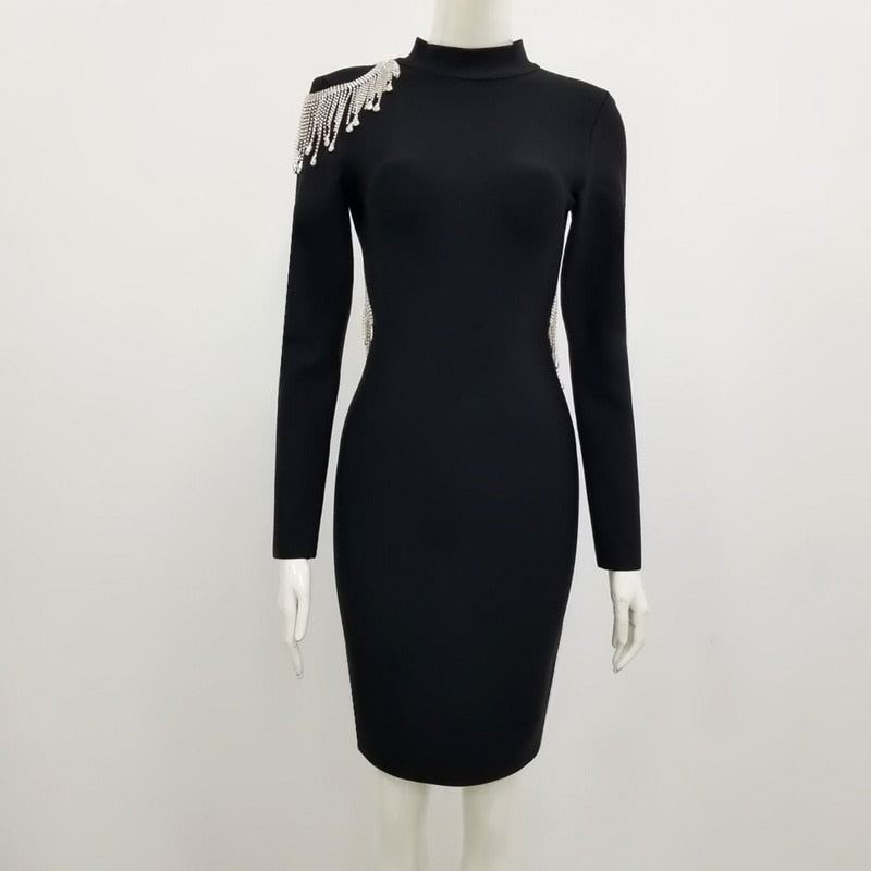 HighQuality Red Black Sexy Sparkly Backless Diamonds Tassel Rayon Bandage Dress