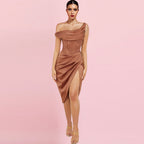One Shoulder Short Sleeve Asymmetrical Midi Bodycon Dress HI1209