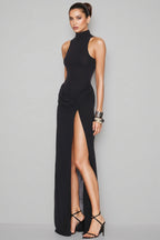 Balius Black Backless Pleated Slit Maxi Dress
