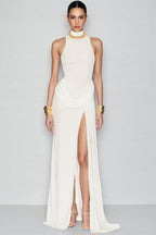 Jacinda White Backless Pleated Slit Maxi Dress