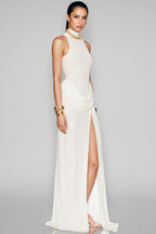 Jacinda White Backless Pleated Slit Maxi Dress
