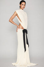 Gaelyra White Backless Satin Pleated Maxi Dress