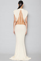 Gaelyra White Backless Satin Pleated Maxi Dress