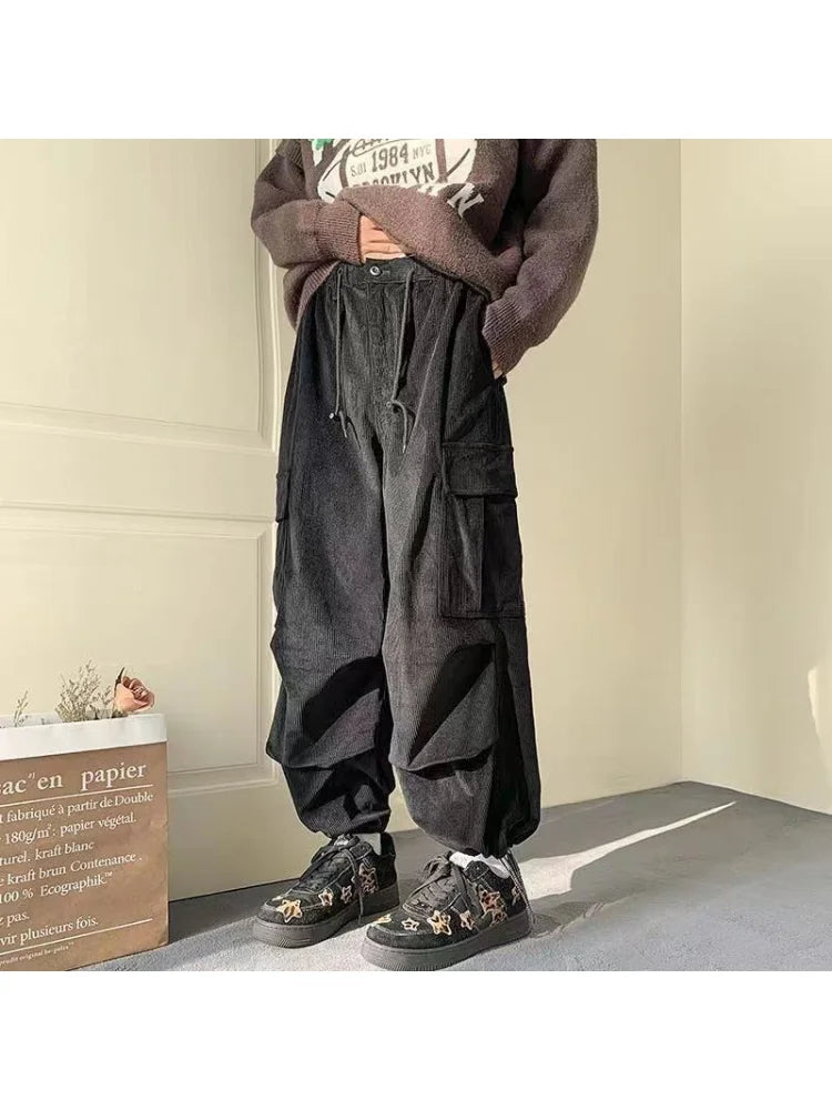 Harajuku Vintage Brown Corduroy Cargo Japanese Style Hip Hop Oversized Baggy Pant