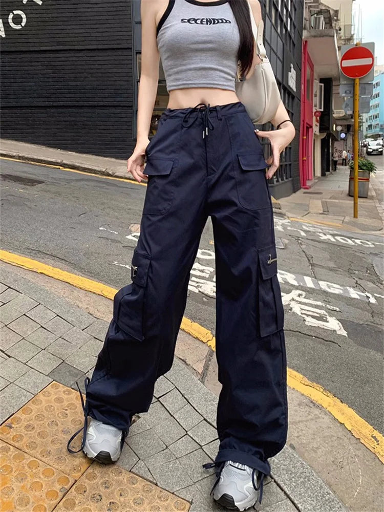Korean Style Drawstring Sweatpants Y2K Vintage Navy Blue Oversized Streetwear Pant
