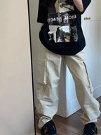 Y2K Retro Beige Cargo Vintage Streetwear Pockets Wide Leg Fashion Pant