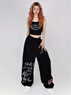 Y2K Streetwear White Sweatpants Letter Print Black Track Oversize Harajuku Joggers Pant