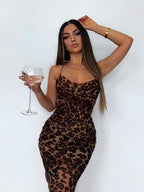 HOVON Backless Cross Bodycon Maxi Long Leopard Dresses