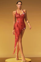 Sorert Spaghetti Rhinestone Split Midi Dress