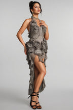 Jacoby Halterneck Flower Mesh Midi Dress