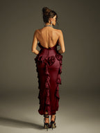 Halterneck Flower Mesh Midi Dress In Wine