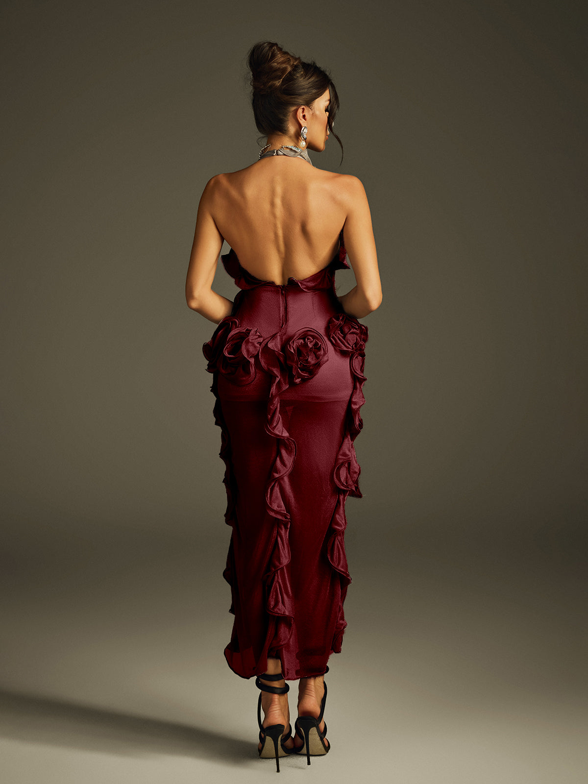Halterneck Flower Mesh Midi Dress In Wine