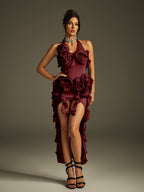 Halterneck Flower Mesh Midi Dress In Wine