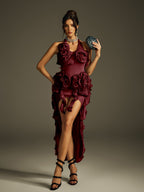 Halterneck Flower Mesh Midi Dress In Wine