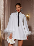 Folded Collar Feather Mini Dress In White