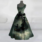 Funny Printed Sleeveless SlimFit Belted Halloween O Neck Streetwear Party Female Long Lady Skull Dress