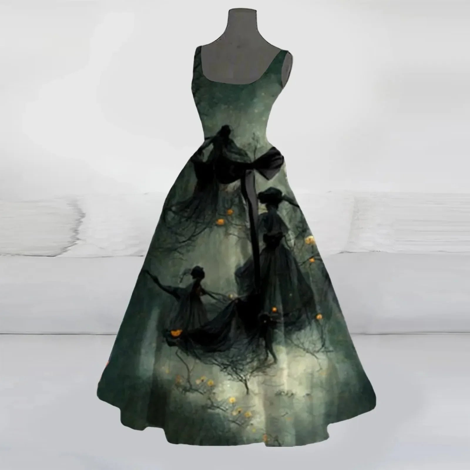 Funny Printed Sleeveless SlimFit Belted Halloween O Neck Streetwear Party Female Long Lady Skull Dress