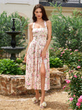 Halter Backless Bow Tie Back Split Thigh Floral Print Dress