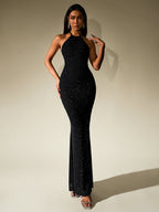 Halter Backless Mesh Sequin Bodycon Dress