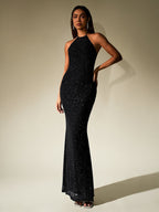 Halter Backless Mesh Sequin Bodycon Dress