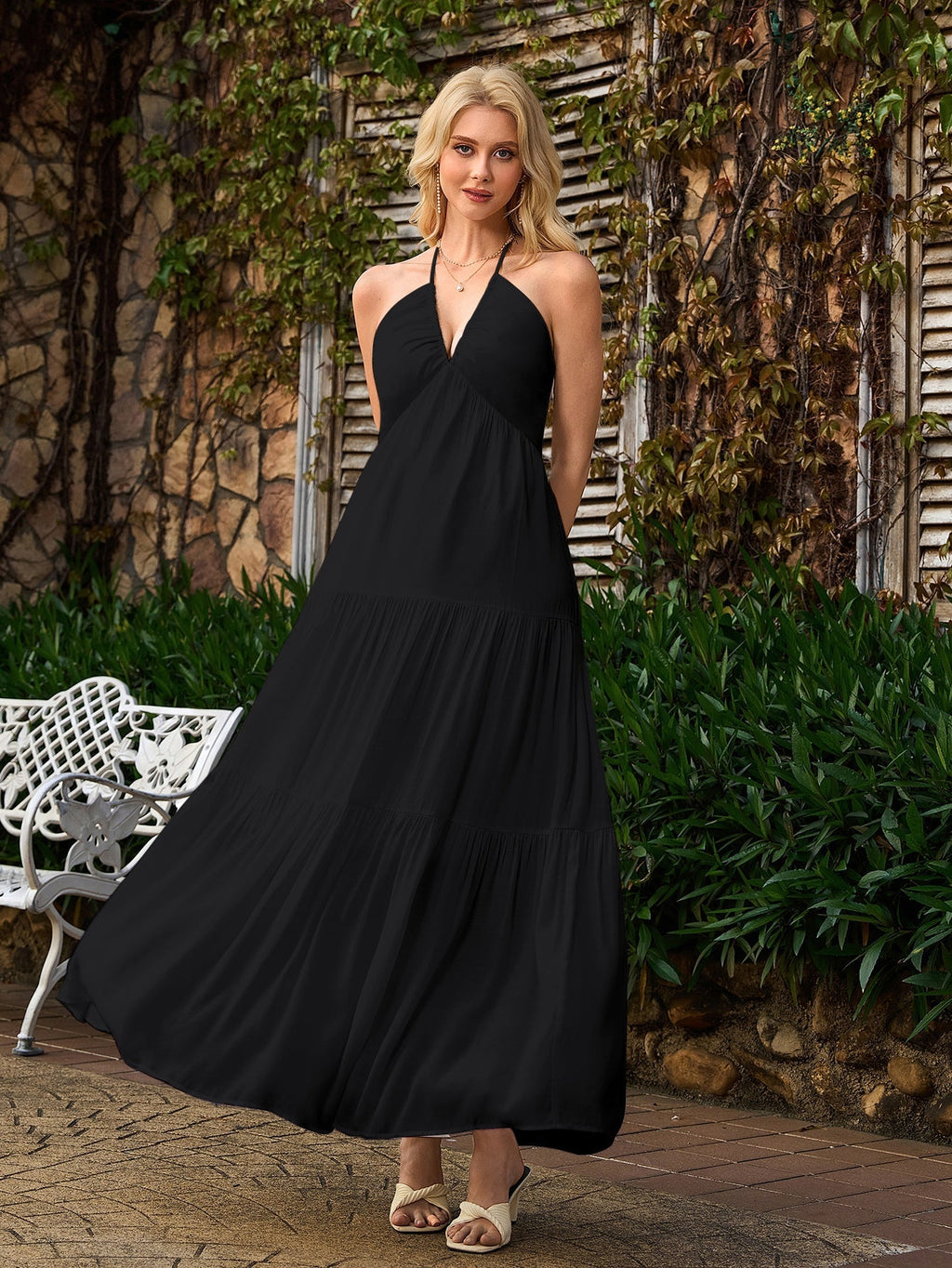 Halter Bow Tie Back Ruched Bust Maxi Dress