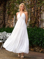 Halter Bow Tie Back Ruched Bust Maxi Dress