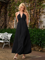 Halter Bow Tie Back Ruched Bust Maxi Dress