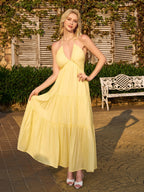 Halter Bow Tie Back Ruched Bust Maxi Dress